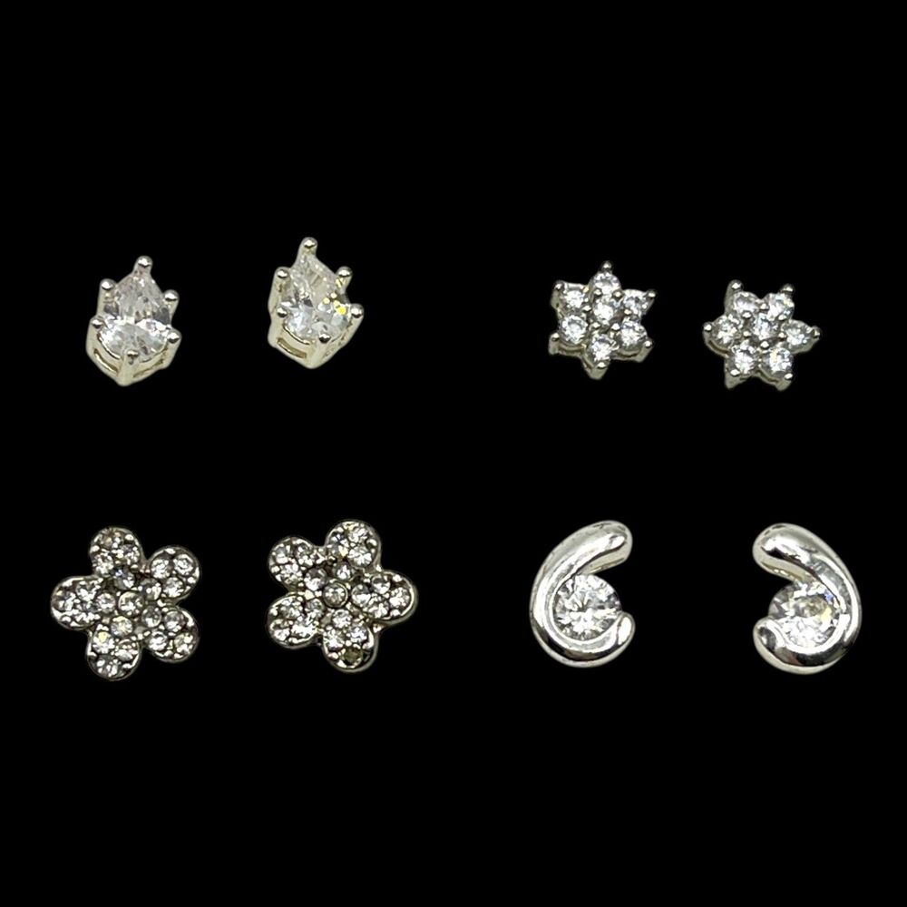 Lot Rhinestone Stud Earrings Silver Tone Metal Flowers Pear Posts 4 Pair Variety